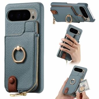 For Google Pixel 9 Pro XL Etui Kort Holder Støtteben Lær+TPU Telefondeksel med Glidelåslomme