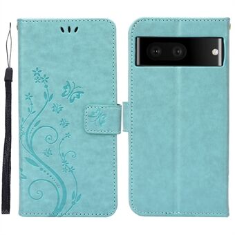 For Google Pixel 7 5G Anti-riper Støvbeskyttende Telefondeksel Lommebokstativ PU-skinn Prægning Blomster Sommerfugler Mobiltelefon-etui