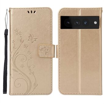 For Google Pixel 7 Pro Wallet Stand PU Leather med inntrykk av blomster og sommerfugler, full beskyttelse, indre TPU Telefonomslag med rem.