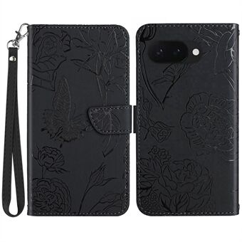 HT03 For Google Pixel 9a Etui Sommerfugl Blomstre Preging Lær Telefon Deksel med Stropp