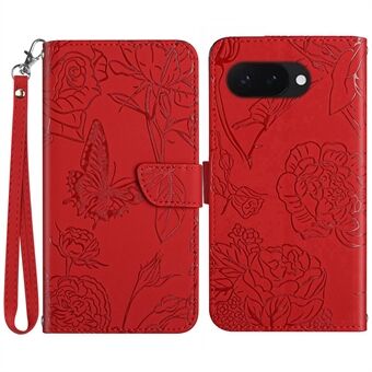 HT03 For Google Pixel 9a Etui Sommerfugl Blomst Preging Lær Telefondeksel med Stropp