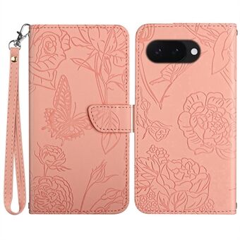 HT03 For Google Pixel 9a Etui Sommerfugl Blomsteravtrykk Lærtelefondeksel med Stropp