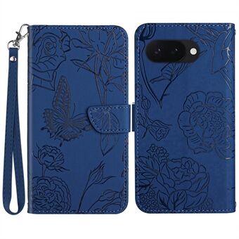 HT03 For Google Pixel 9a Etui Sommerfugl- og Blomsterpreg Lær Telefonomslag med Stropp