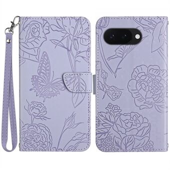 HT03 For Google Pixel 9a Etui Sommerfugl Blomstemønster Lærtelefondeksel med Stropp