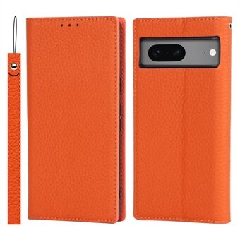 Ekte skinn-etui for Google Pixel 7a, Litchi-struktur lommebok-stand-smarttelefondeksel med stropp.