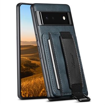 SUTENI H13 Kickstand-skall for Google Pixel 6a Lærbelagt PC+TPU Bakdeksel Kortholder Telefonveske med Håndstropp