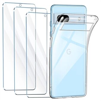 For Google Pixel 7a TPU-deksel TPU-deksel for gjennomsiktig telefon med 3 stk 2.5D buet kantetært glass skjermbeskyttelse.