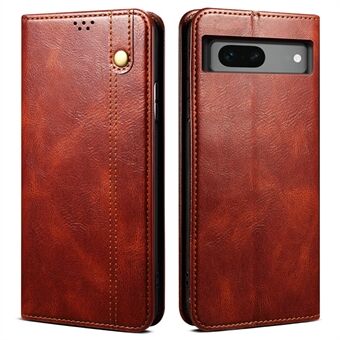 For Google Pixel 7a Waxy Crazy Horse Texture Leather Case Drop Proof Phone Cover with Stand Wallet translates to Norwegian as:

For Google Pixel 7a-vokset Crazy Horse teksturert lærveske, støtsikker telefonbeskyttelse med stativlomme.