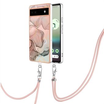 YB IMD-serie 18 Stil E for Google Pixel 6a Marmor Mønster Tynn Etui Elektroplating Ramme 2.0mm Fleksibel TPU Telefondekse med Snillebånd