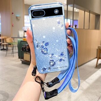 KADEM for Google Pixel 6a-deksel, med strassdekor og glitter, telefon-TPU-etui med stropp.