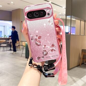 KADEM For Google Pixel 9 / Pixel 9 Pro Glittertelefondeksel Blomstermønster Gradient TPU-deksel med snor