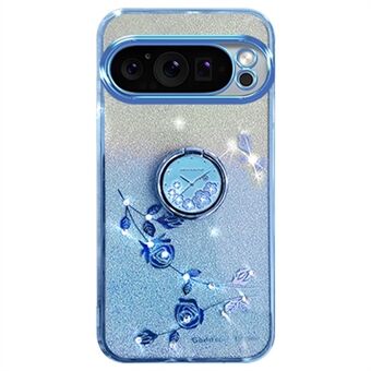 KADEM For Google Pixel 9 / Pixel 9 Pro Deksel med Ring Kickstand Rhinestone Flower TPU Anti-Riper Telefondeksel