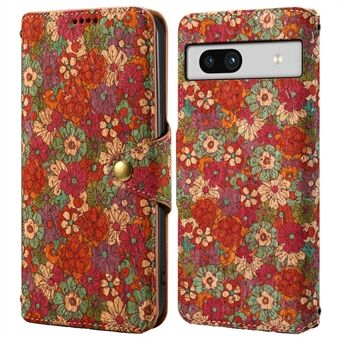 For Google Pixel 7a Veske som trykkes med blomsterdesign i skinn med magnetisk lukking av telefondekselet.