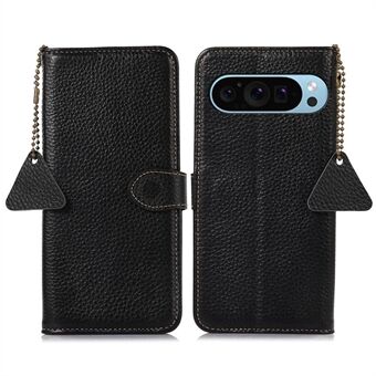 For Google Pixel 9 / Pixel 9 Pro Wallet-etui av ekte kuskinn som blokkerer RFID-signaler. Dekselet har litchi-tekstur.