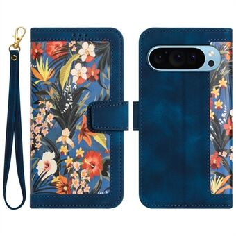 For Google Pixel 9 / Pixel 9 Pro Telefondeksel Blomstermønster PU-lær-etui med kortholder og stativ.