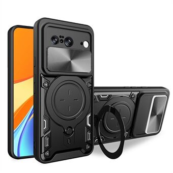 For Google Pixel 8-etui med sklieobjektivdeksel, TPU+PC-telefonbeskytter med roterende stativ.