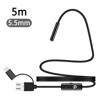 Y1002 5m Fleksibel Kabel Type-C+USB+Android Telefon Boreskop 5.5 mm Kameralinse Inspeksjon Endoskop