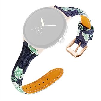 For Google Pixel Watch Flower Pattern Watch Band Justerbar rem i ekte skinn med Rose Gold-kobling