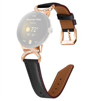 For Google Pixel Watch Armbånd Rhinestone Dekor D-formet kobling Delt lærreim med rosegullspenne