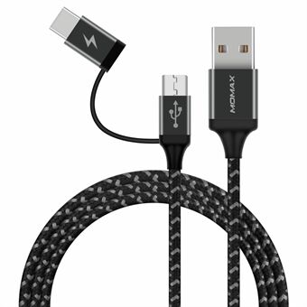 MOMAX ZERO 1m Micro USB + Type-C Sync Nylon flettet ladedatakabel - Svart