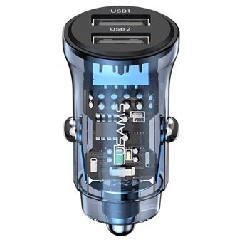 USAMS US-CC162 C31 Transparent USB-billader Visuell 5V3A Dobbel USB A+A Mini Billaderadapter med Blå Bakgrunnsbelysning - Blå