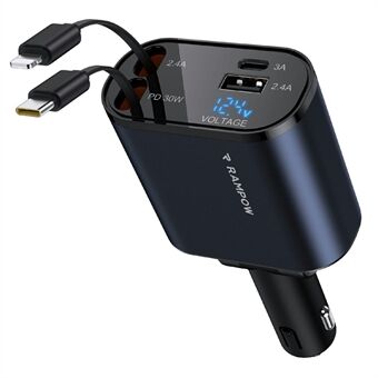 RAMPOW 50W Billader USB + Type-C Utgang Lade Stasjon med Uttrekkbare Type-C + 8-Pins Kabler - Svart