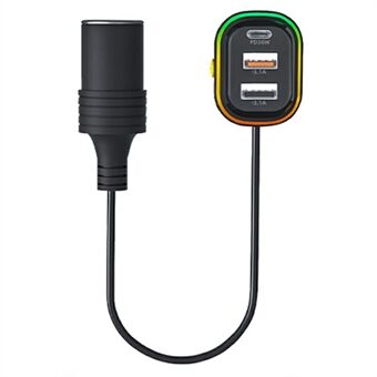 YQ9 Type-C + Dobbelt USB-foran og bakseter sigarettennerlader for 12-24V Kjøretøy