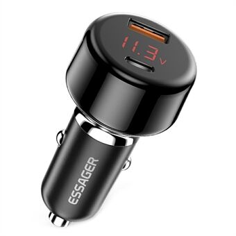 ESSAGER 65W Billader USB-A + Type-C Dobbeltport Billader Adapter med Digital Skjerm Kompatibel med Huawei, Samsung, Xiaomi - Svart