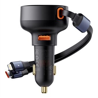 BASEUS Enjoyment Pro 60W Billader USB-portadapter med Type-C + iP Uttrekkbar Kabel - Svart