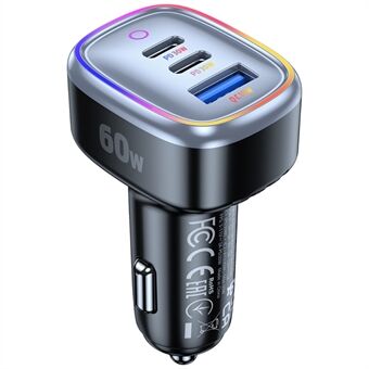 C08 60W USB + Dobbel USB-C Billader med Kjølig Ambient Belysning og Rask Lading for Telefon Strømadapter