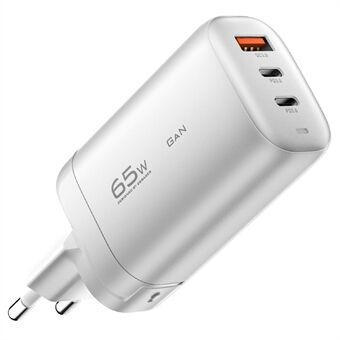 ESSAGER 65W GaN reiseladedokking Strømadapter 3-utgang Type-C+ USB-A EU-plugg Vegglader [med CE-sertifikat] for nettbrett/smarttelefoner