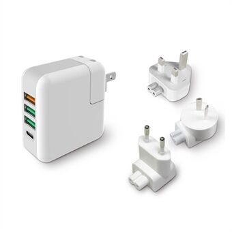 KP-4U QC 3.0 Quick 3xUSB-porter + Type-C-port Vegglader AC-reiseadapter for ny MacBook, nettbrett, etc.