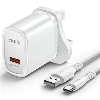 YESIDO YC85C UK Plugg Enkelt USB-Port Vegglader 18W Telefon Nettbrett Hurtigladeadapter med Kabel