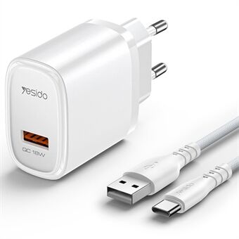 YESIDO YC66C EU Plug Enkelt USB Port Vegglader 18W Telefon Nettbrett Hurtiglading Adapter med Kabel