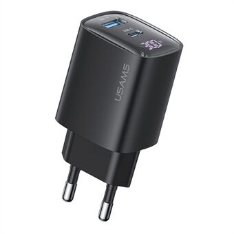 USAMS CC229 30W GaN Adapter USB-C+USB-C Dobbelport Lader med Sanntid Digital Skjerm, EU-plugg