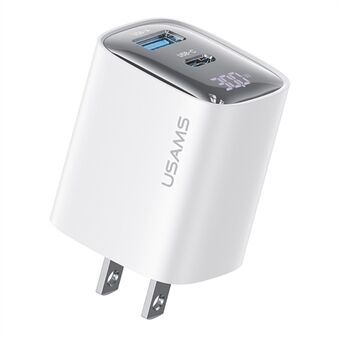 USAMS CC230 30W Hurtiglading GaN Adapter USB-C+USB-C Dobbeltport Vegglader Strømdisplay, US Kontakt