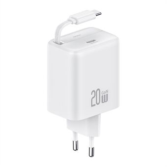 USAMS CC233 20W GaN-lader PD3.0+QC3.0 hurtigladeadapter med uttrekkbar Type-C-kabel, EU-plugg