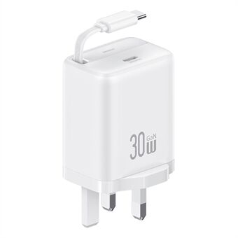 USAMS CC245 30W Rask Vegglader GaN Strømadapter med Uttrekkbar Type-C Kabel, UK Plugg