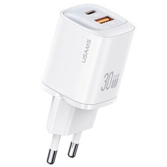 USAMS CC254 30W GaN Lader Type-C + USB-A Kompakt Hurtiglader Veggadapter, EU Plugg