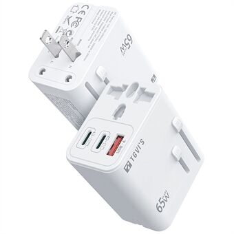 TGVI\'s Universale Reiseadapter GaN 65W Rask Lader med 1 USB-A + 2 Type-C Porter - Hvit