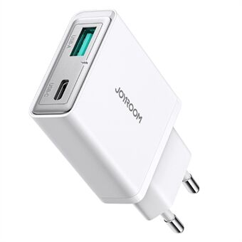 JOYROOM JR-TCF14 20W Rask Lading Lader USB-C+USB-A Dobbelt Port Adapter, EU Plug for iPhone 16-15 Series - Hvit