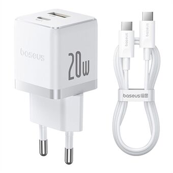 BASEUS Palm USB+Type-C Dobbel Port 20W Rask Lader EU Plug Vegglader Adapter med 60W Type-C Kabel