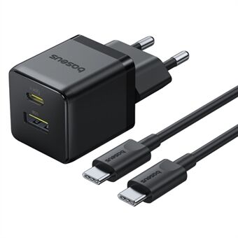 BASEUS Palm Fast Charger 30W Type-C+USB Dobbeltport EU-plugg veggladeradapter med 60W Type-C-kabel