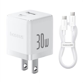 BASEUS Palm Hurtiglader 30W Type-C+USB Dobbeltport US Plug Veggladeadapter med 60W Type-C Kabel