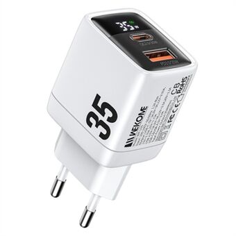 WEKOME WP-U25 35W GaN Lader Dobbel Port Hurtig Vegglader Digital Display Adapter, EU-plugg