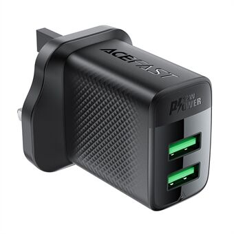 ACEFAST A87 12W Vegglader USB-A+USB-A Dobbel Port Telefonlader, UK Plugg