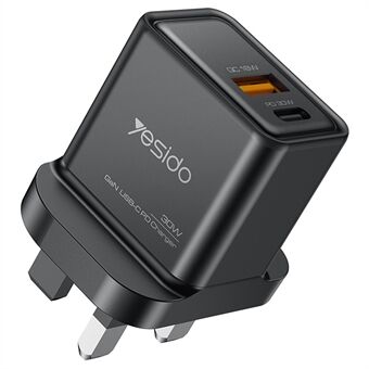 YESIDO YC83 GaN 30W Telefonlader USB+Type-C Port Strømadapter