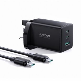 JOYROOM TCG01 65W GaN Ultrahurtiglader 2USB-C+1USB-A Veggladersett med 100W 1,2m Type-C til Type-C-kabel, svart (UK-plugg)