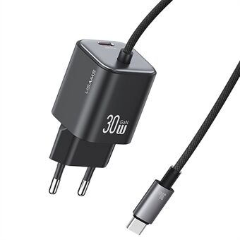 USAMS CC264 GaN Hurtiglader Blokk 30W Dobbel Port Vegglader med Type-C Kabel, EU Plugg