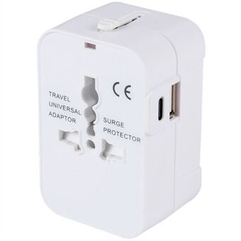 HH202-C Verdensomspennende Alt i Ett Universal Reiseadapter Vegglader Plugg med 1 USB + 1 Type-C